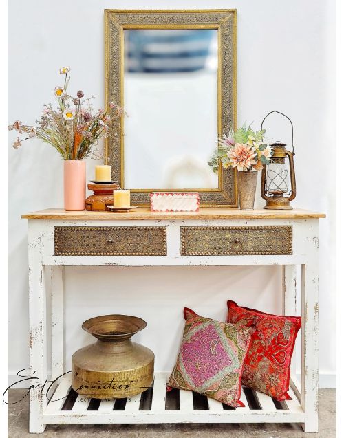 Shabby Chic White Embossed Brass Two Drawer Console Hall Table