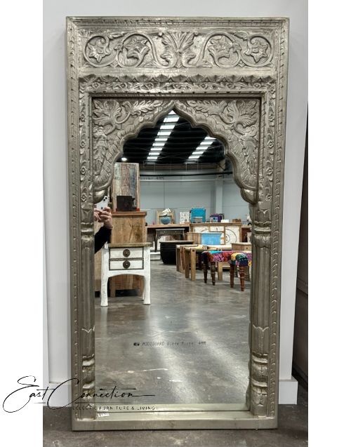 Hand Carved Timber & White Metal Mehrab Wall Mirror