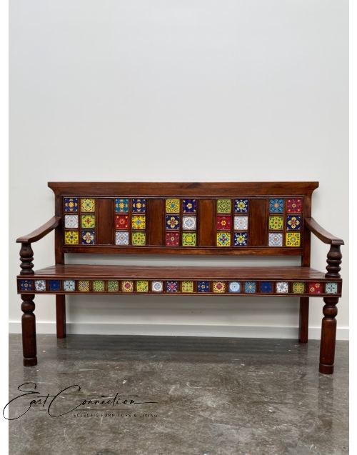 Hand Painted Moroccan Tile Solid Timber Bohemian Garden Bench