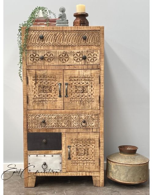 Hand Carved Scandinavian Timber Vintage Multi-Drawer Tallboy Storage Unit