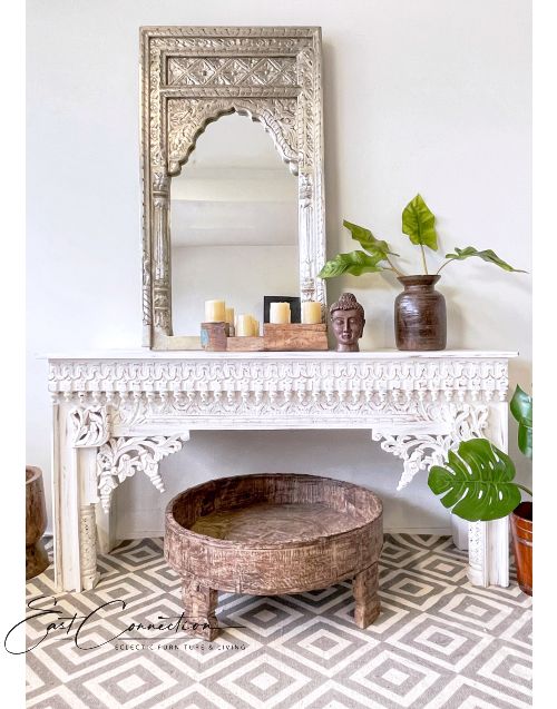 Vintage Ethnic White Indian Hand Carved Timber Console Table