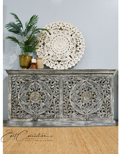 French Provincial Grey Floral Mandala Carved Sideboard
