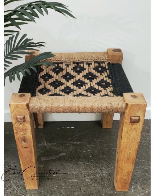 Timber Indian Handwoven Jute & Black Charpoy Stool