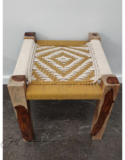 Timber Indian Handwoven Yellow & Natural Cotton Charpoy Stool