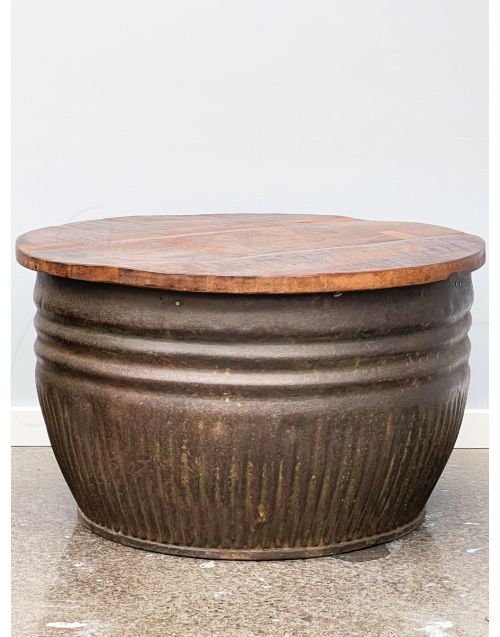 Round Recycled Timber Top Vintage Industrial Metal Coffee Table