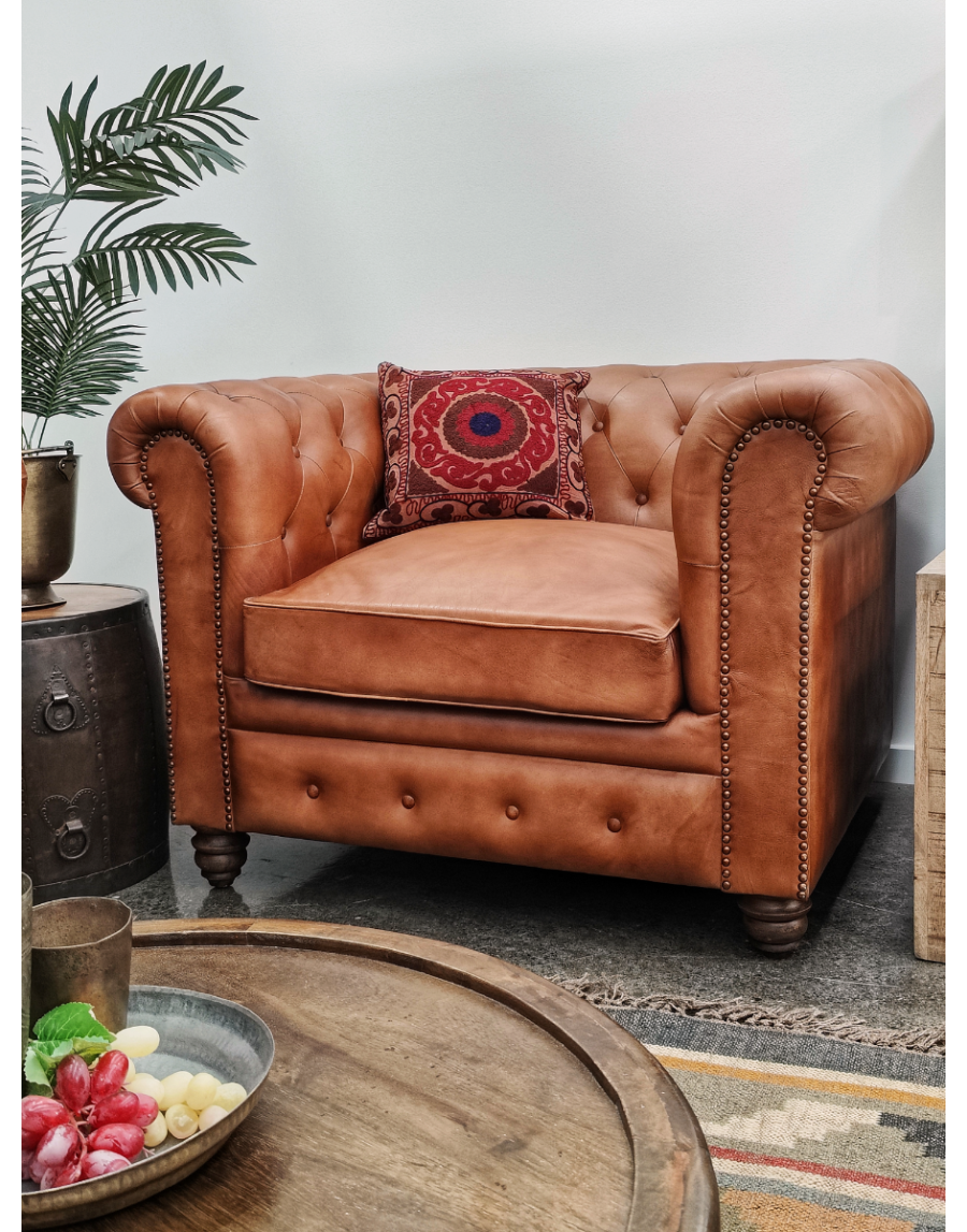 Tan Top Grain Leather Chesterfield Sofa Armchair