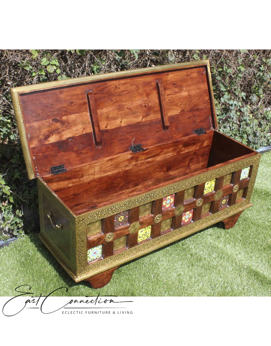 Antique Indian Brass Moroccan Tile Blanket Box
