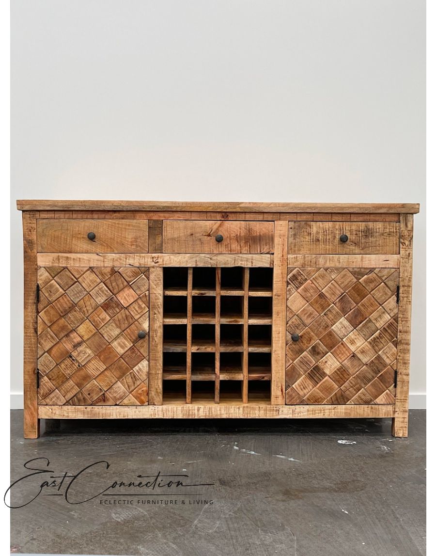 Vintage Scandinavian Natural Timber Pattern Parquet Buffet Wine Cabinet