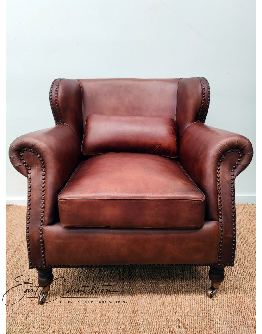 Brown Top Grain Leather Wingback Armchair