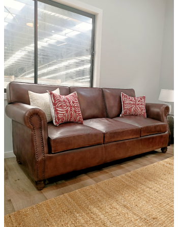 Brown Top Grain Leather Roll Arm Three Seat Sofa 