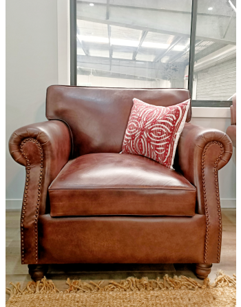 Brown Top Grain Leather Roll Arm Sofa Armchair