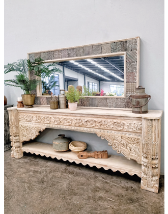 Reclaimed Antique Timber Indian Hand Carved Console Hall Table with Shelf