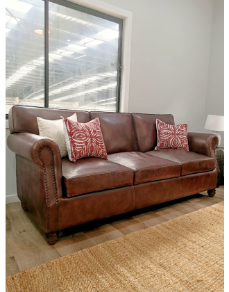 Brown Top Grain Leather Roll Arm Three Seat Sofa 