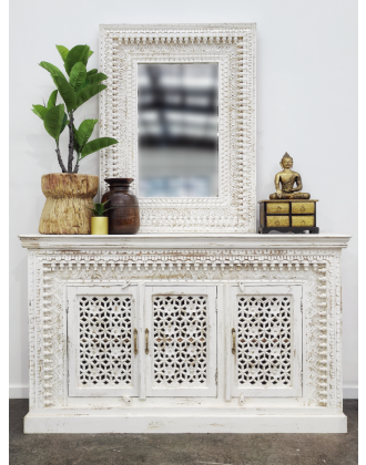 Distressed White Hand Carved Timber Sideboard Cabinet