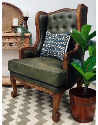 Green Top Grain Leather & Timber High Back Occasional Chair