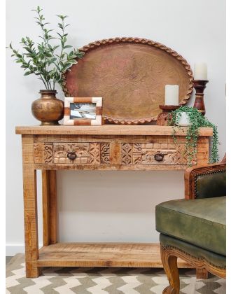 Hand Carved Natural Timber 2 drawer console hall table
