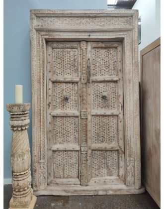Whitewashed Antique Indian Timber Hand Carved Geometric Pattern Door