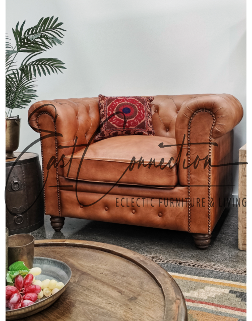 Tan Top Grain Leather Chesterfield Two Seater Sofa
