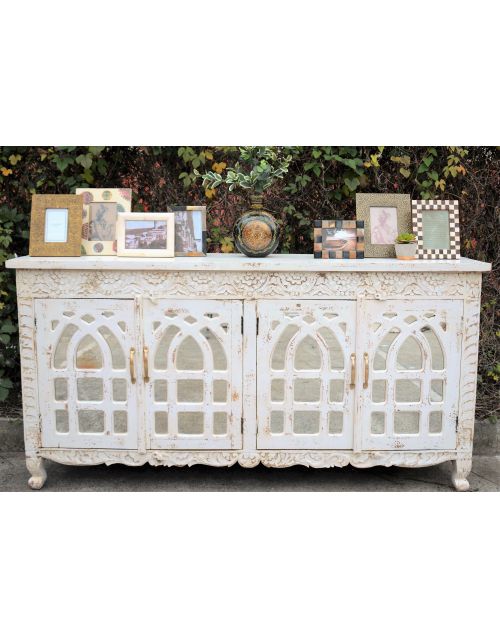 White Carved French Provincial Mirror Door Buffet Sideboard