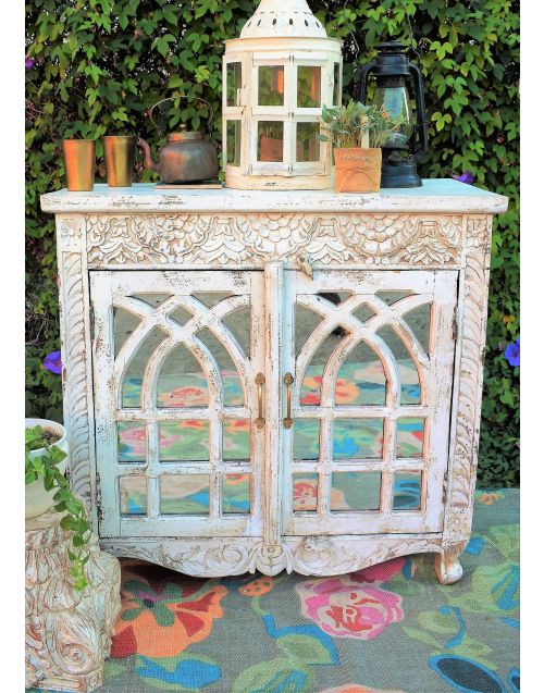 White Glass Door Carved French Provincial Sideboard