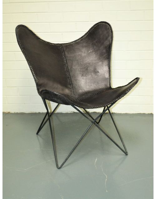 Vintage Industrial Black Leather Butterfly Chair