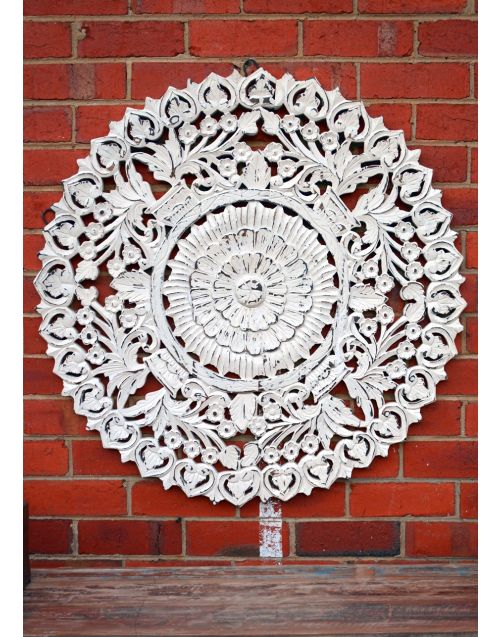 Round White Hand Carved Antique Timber Wall Art