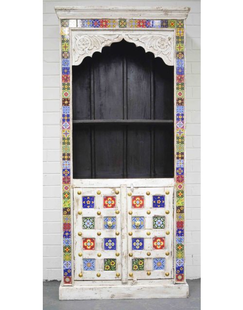 Moroccan Tile Carved Shabby Chic Timber Display Cabinet