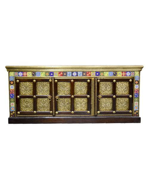 Indian Teak Brass & Tile Fitted Entertainment Unit