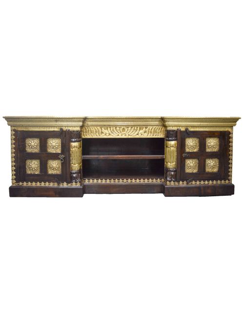 Large Indian Brass & Timber Entertainment Unit
