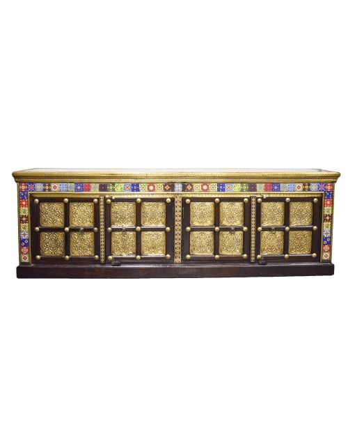 Indian Teak Brass & Morrocan Tile Fitted Entertainment Unit