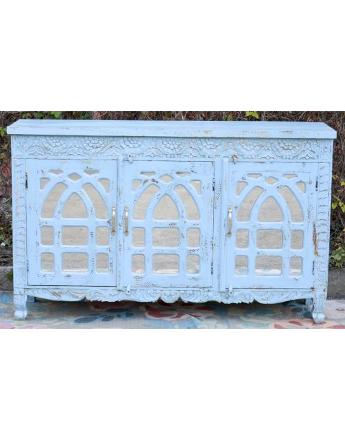 Blue Carved French Provincial Mirror Door Buffet Sideboard