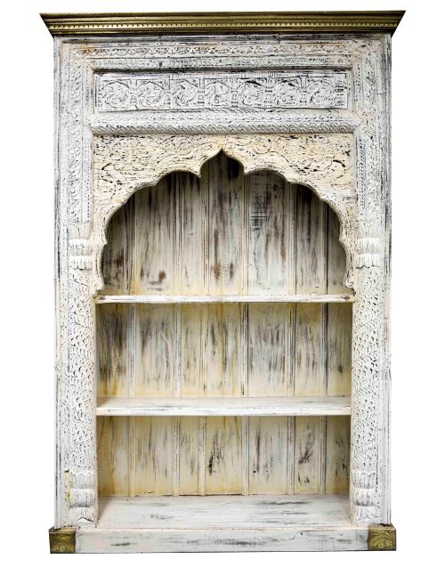 Antique White Mehrab Carved Indian Timber & Brass Bookshelf