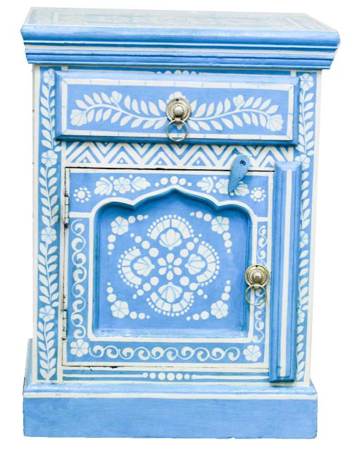 Blue Hand Painted Bone Inlay Bed Side Table