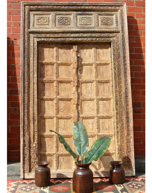 Hand Carved Sandblasted Timber Antique Indian Studded Door