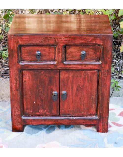 Oriental Red Antique Chinese Bedside Cabinet