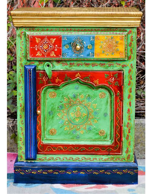 Indian Hand Painted Green Boho Bedside Table