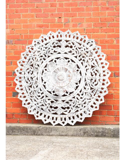 White Round Hand Carved Antique Timber Wall Art