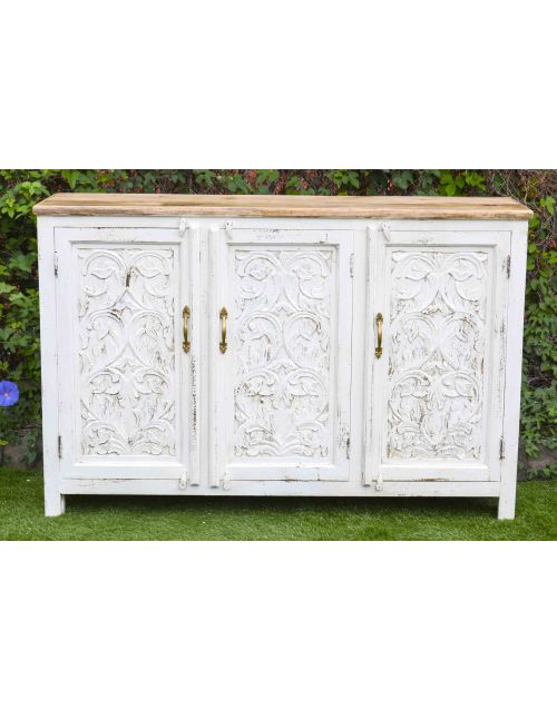 White Teak Top Hand Carved French Provincial Buffet Sideboard