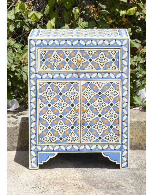 Blue Hand Painted Moroccan Geometric Pattern Bedside Cabinet