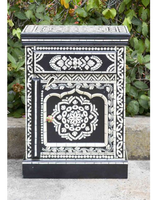Black Hand Painted Bone Inlay Bed Side Table