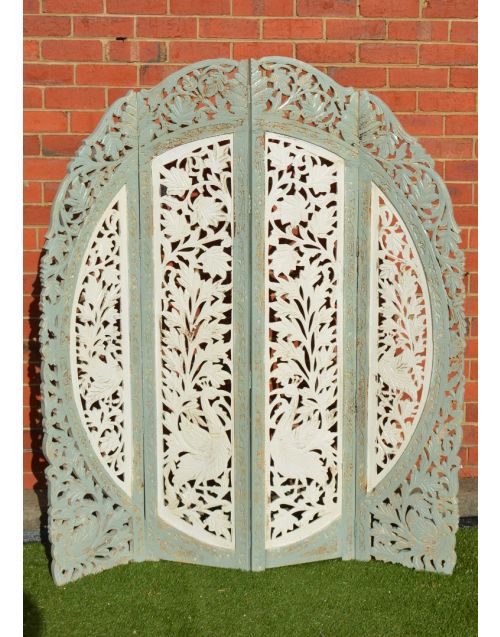 Shabby Chic Round Hand Carved Indian Peacock Timber Screen