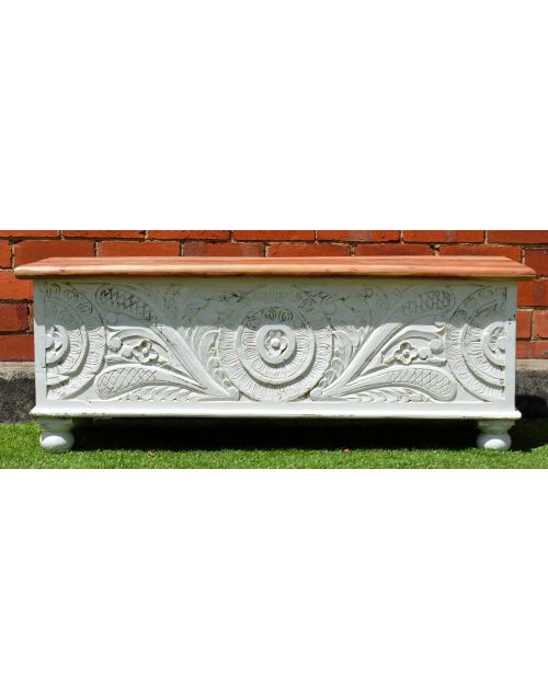 Hand Carved Distressed White Floral Blanket Box