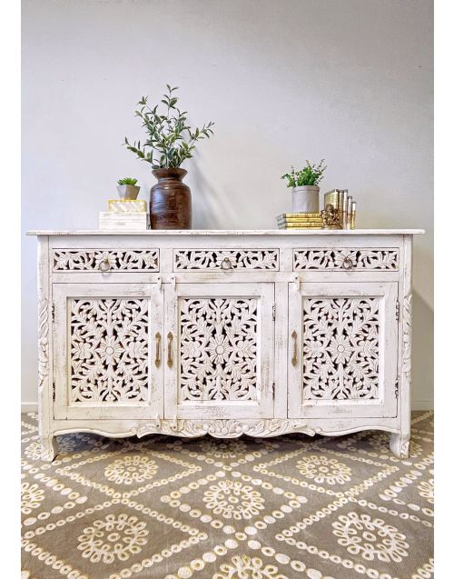 White Hand Carved French Provincial Sideboard Buffet