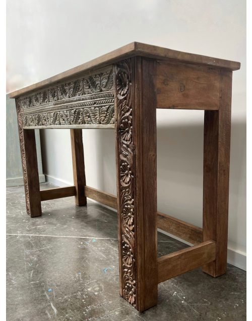 Reclaimed Distressed Timber Hand Carved Indian Console Hall Table