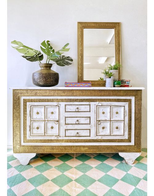 Vintage White Moroccan Brass Indian Timber Sideboard