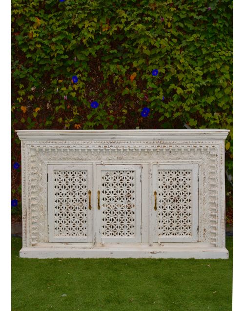 Distressed White Hand Carved Timber Sideboard Cabinet