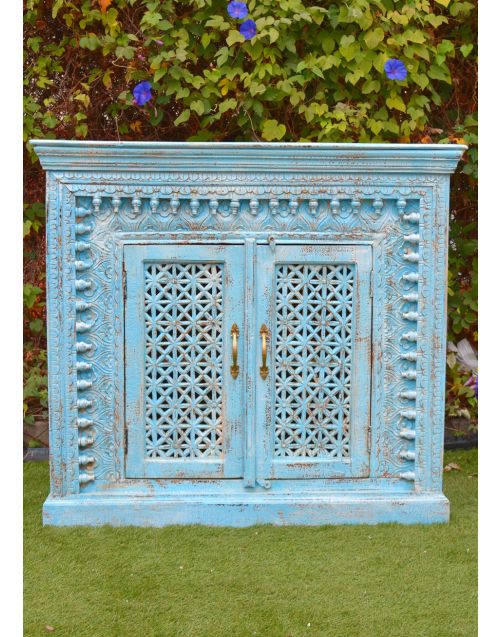 Distressed Blue Hand Carved Timber Cabinet Sideboard