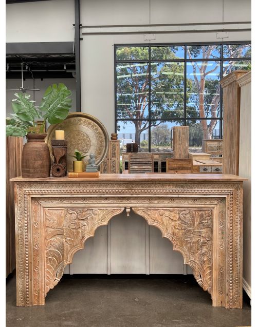 Distressed Natural Timber Indian Carved Mehrab Console/Hall Table