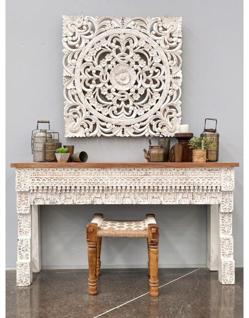 Vintage Indian Hand Ethnic White Carved Timber Console Table