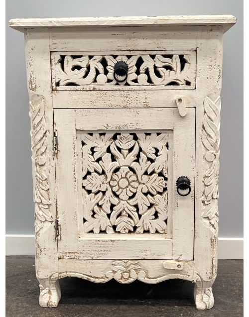 Hand Carved White French Provincial Bedside Nightstand Side Table